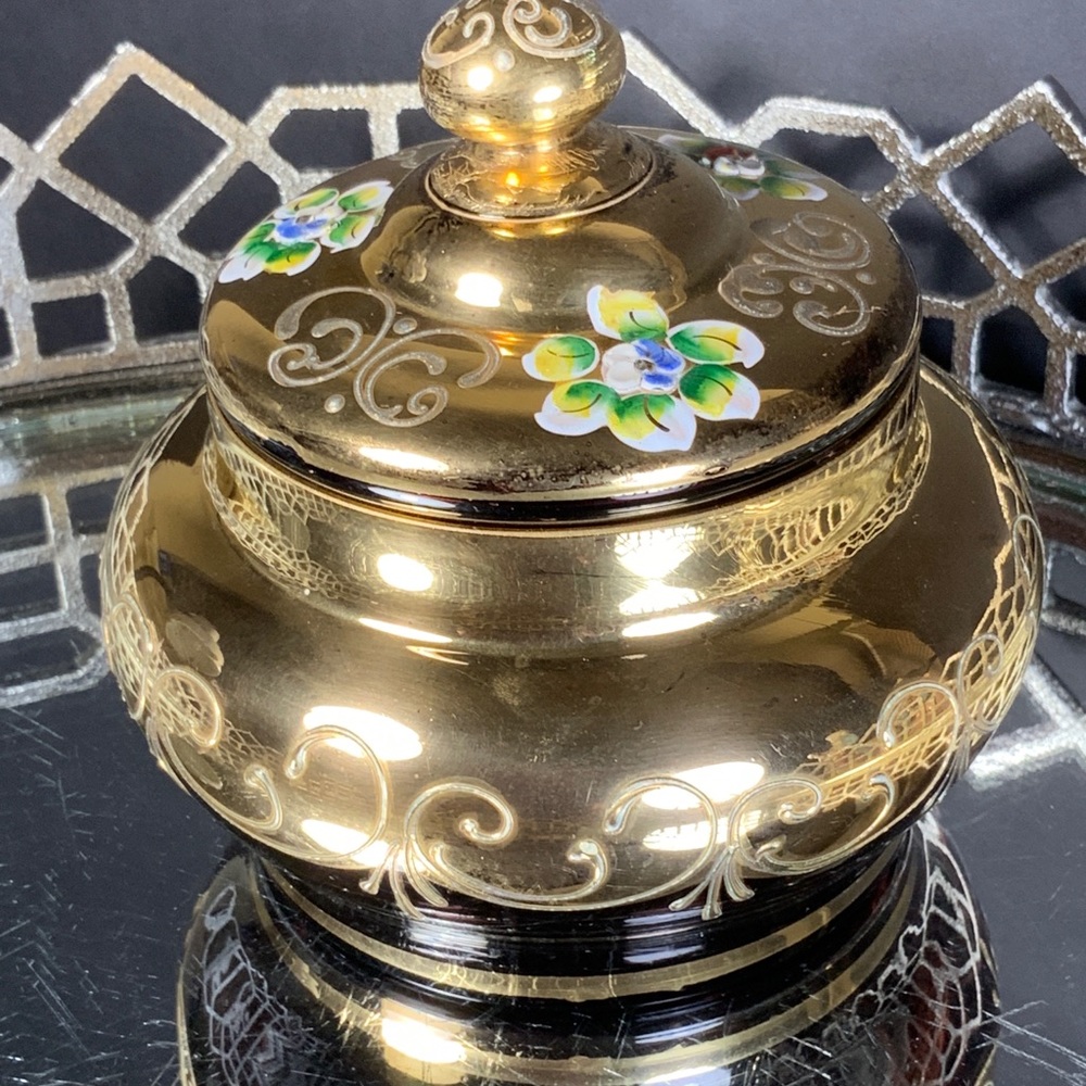 Czech Bohemian Powder Jar Purple Gold Gilt Art Glass Box Flowers Elegant #A23 - Picture 4 of 10